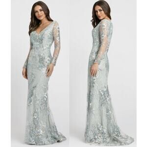 Mac Duggal Size 10 Embellished V Neck Illusion Long Sleeve Gown 67539 NWT $698